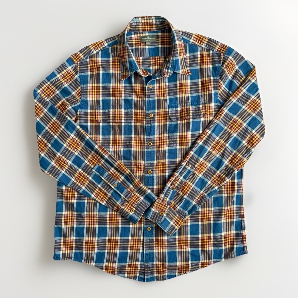 LL Bean Signature Slim Fit Flannel Button Down Shirt‎ Size LG Orange Blue Plaid